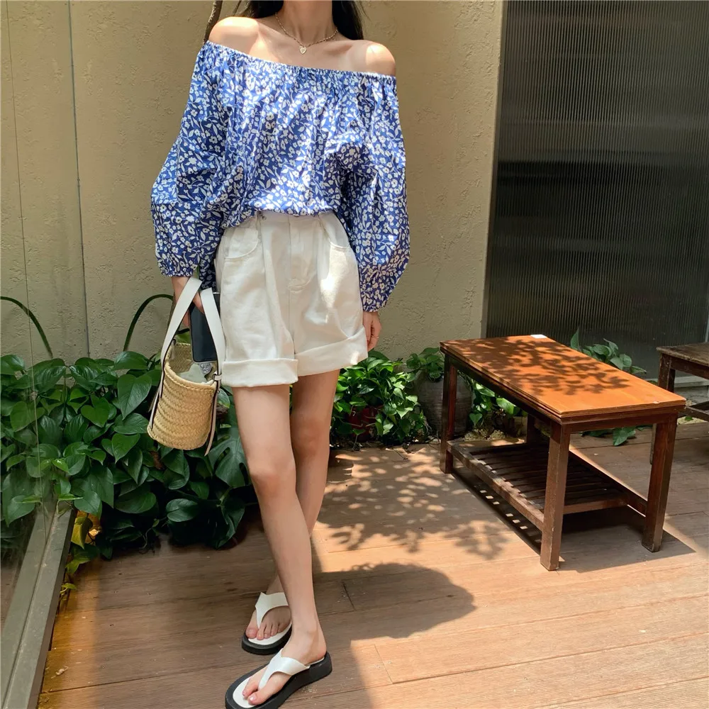 

Blue puff sleeve floral shirt French design female off shoulder sweet tops long-sleeved summer blouses female