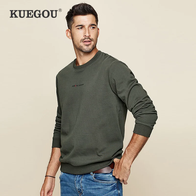 

KUEGOU 2022 Spring 100% Cotton Print Crewneck Sweatshirt Men Fashion Vintage Trendy Streetwear Designer Oversize Clothes 2239