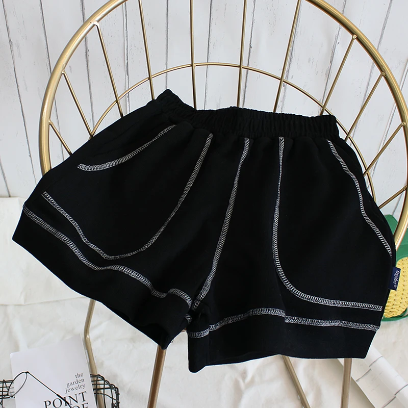 

Women Cotton Shorts Contrast Binding Side Split Elastic Waist Loose Casual Shorts white