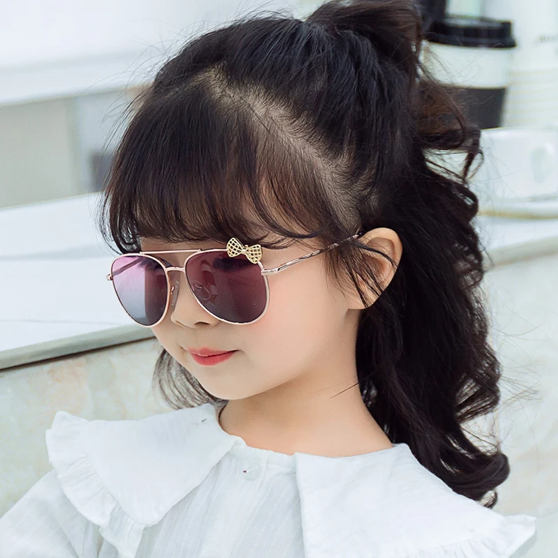 021 Fashion Kids Sunglasses For Girls Bow Metal Polygon Sun Glasses Baby Children Trend Eyeglasses UV400 Goggles