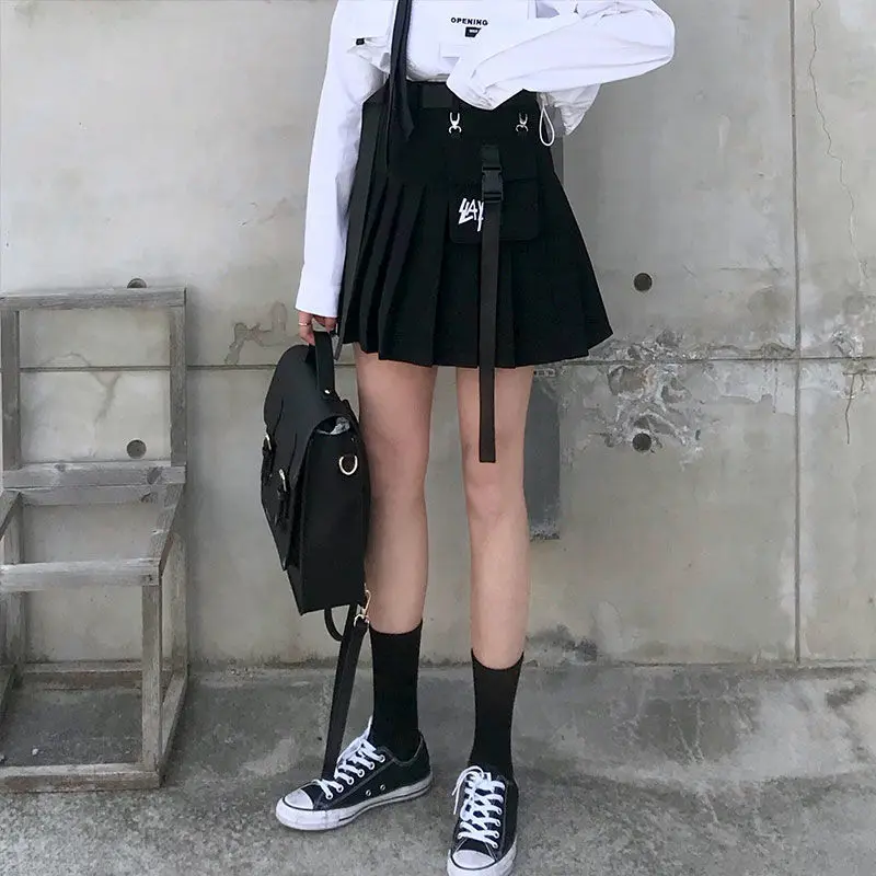 Элегантная Высокая талия с поясом на молнии лента карман плиссированная мини