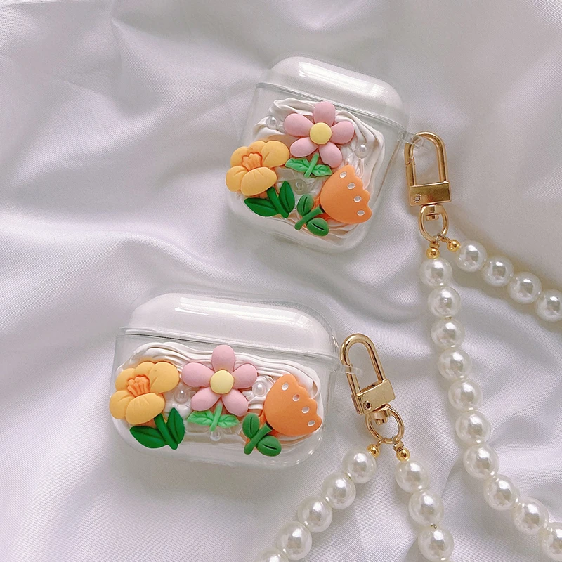 

Cute Flower Pearl Chain Earphone Case For Apple Airpods 1 2 3 Pro Cover For Samsung Busd Live With Lanyard Headphone Accessories