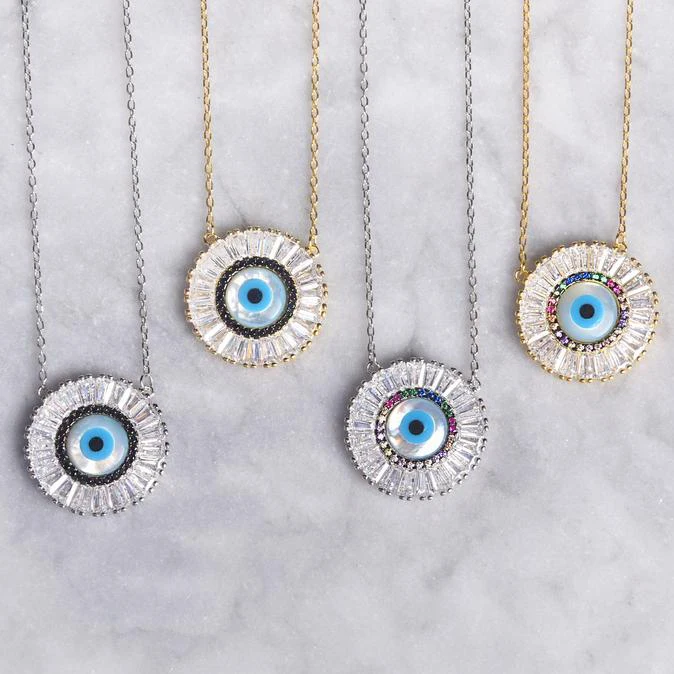 

Boho Bohemia Round disco Turkish evil eye pendant necklace gold silver color baguette rainbow cz eye jewelry