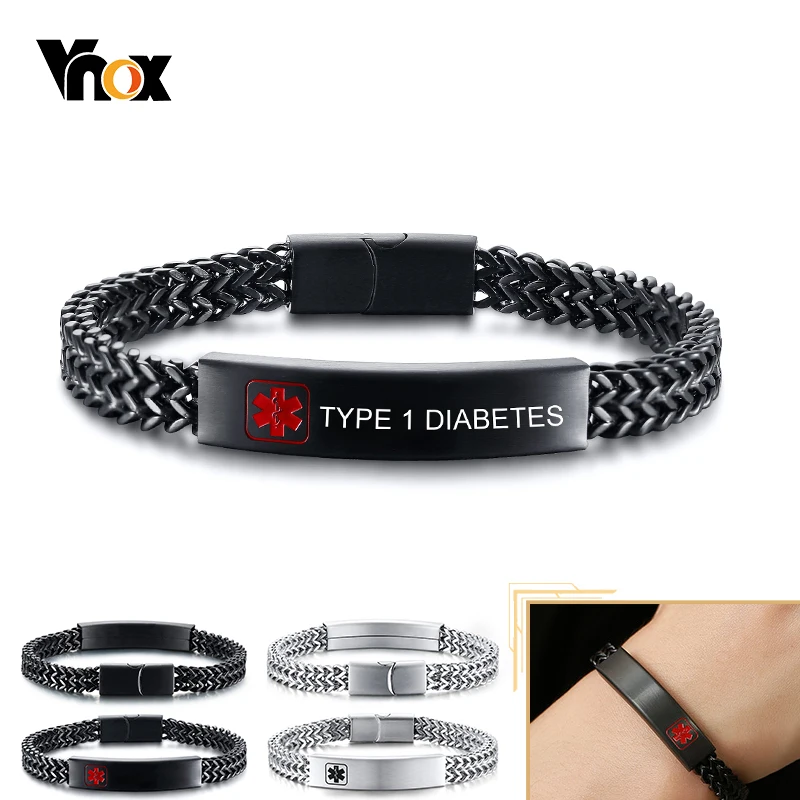 

Vnox Free Personalized Engrave Medical Alert ID Bracelets for Men,Stainless Steel Punk Cubic Foxtail Chain Male Wrist Jewelry