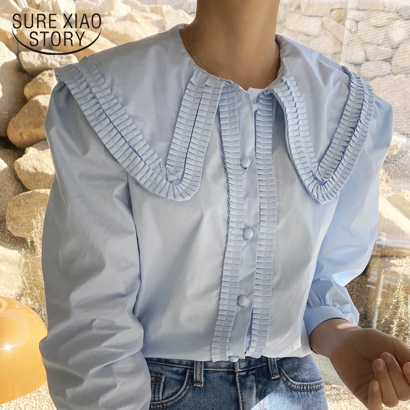 Рубашка женская с отложным воротником и рукавами фонариками однотонная