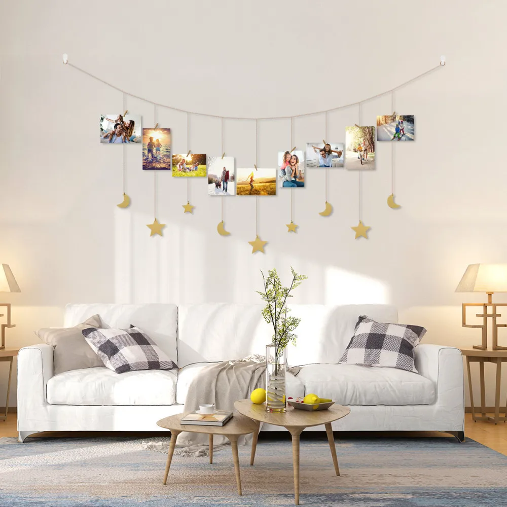 

IMIKEYA Wall Photo Shelf Stars and Moons Hanging Photo Display Fashion Picture Frame with 30 Wood Clips Wall Art Decoration for