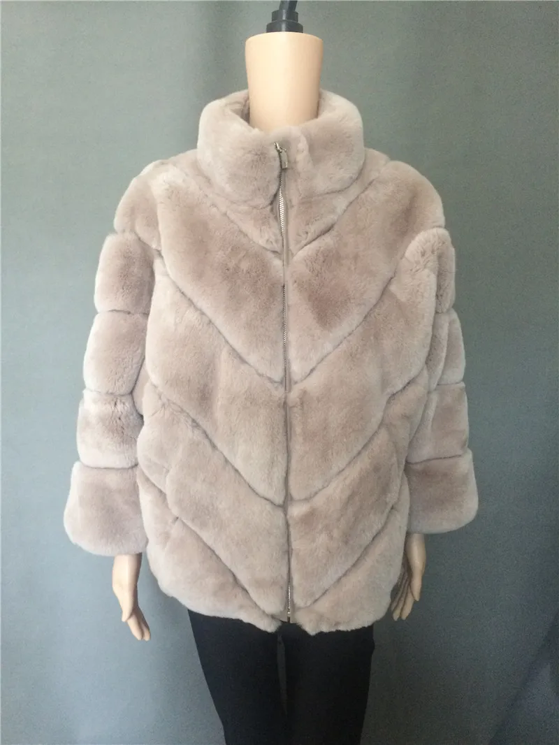 beige color Настоящий мех кролика пальто короткая куртка в полоску размера плюс с рукавом летучая мышь Пушистый Зимний теплый рукав половина - Цвет: beige color