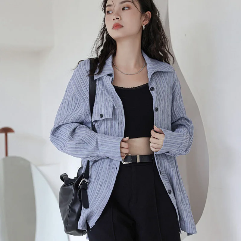 

Весна-Осень 2021, новый дизайн, чувственный нишевый кардиган, модная универсальная Свободная рубашка в синюю полоску с длинными рукавами