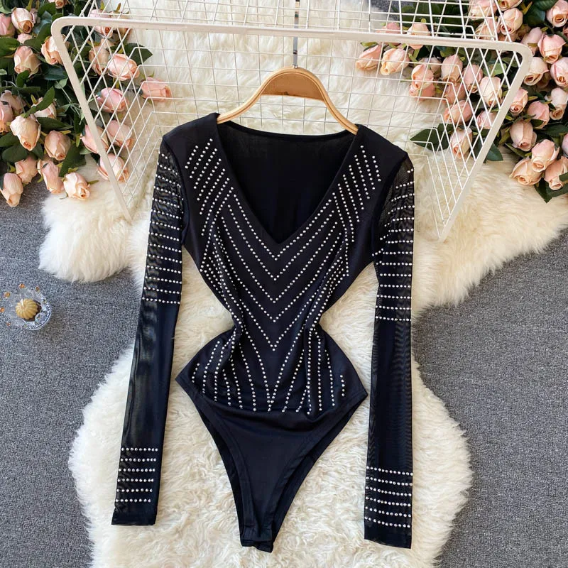 

Sexy V-Neck Long Sleeve Bodysuit Women Rompers Slim Body Tops Streetwear Autumn Winter Bodycon Club Overalls Rivet Jumpsuit