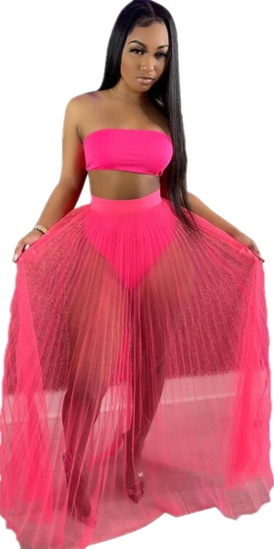 

JRRY Sexy Women Set Two Pieces Set Strapless Bra Crop Top Long Transparent Gauze Skirt with Briefs 2 Pieces Set Outift