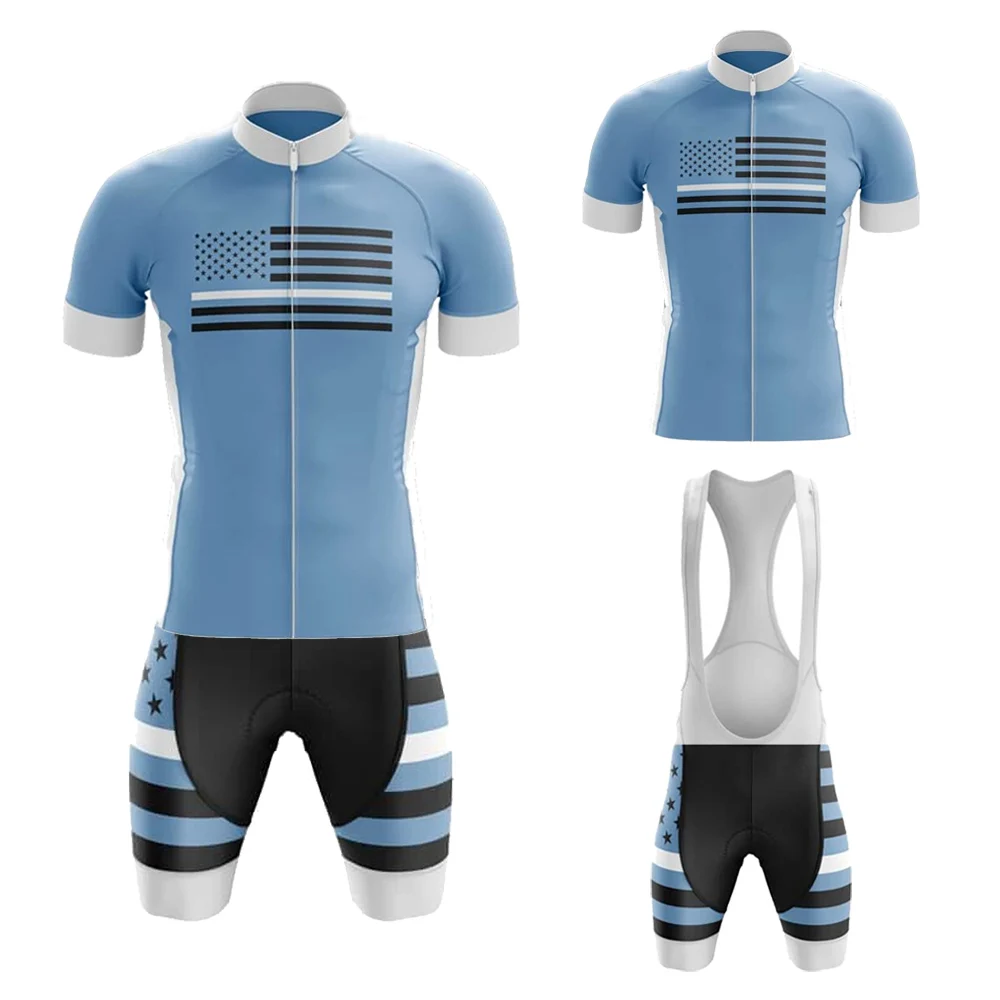 

USA Blue Cycling Jersey Set Breathable Short Sleeve Bike Clothing Bib Shorts Gel Breathable Pad MTB Maillot Ciclismo Hombre