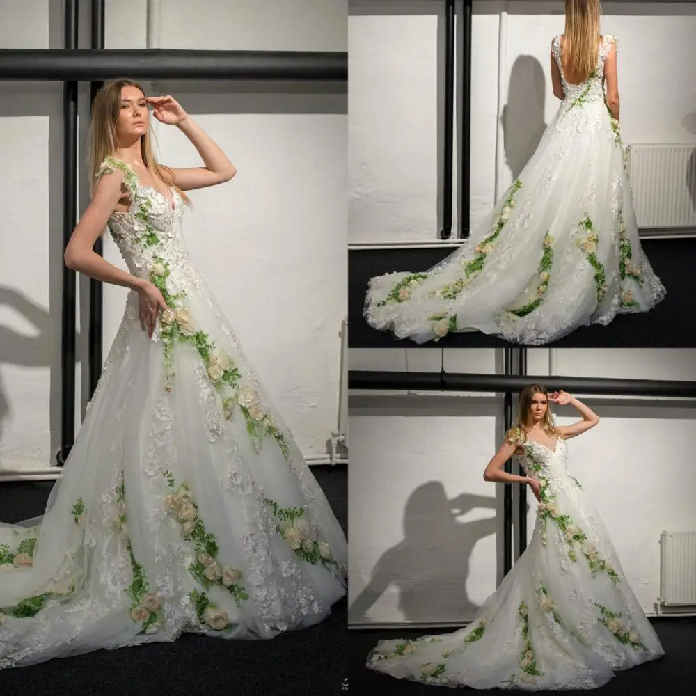 

2022 Floral Embroidered Wedding Dresses V Neck Handmade Flowers A Line Bohemian Wedding Dress Backless Country Robes De Mariée