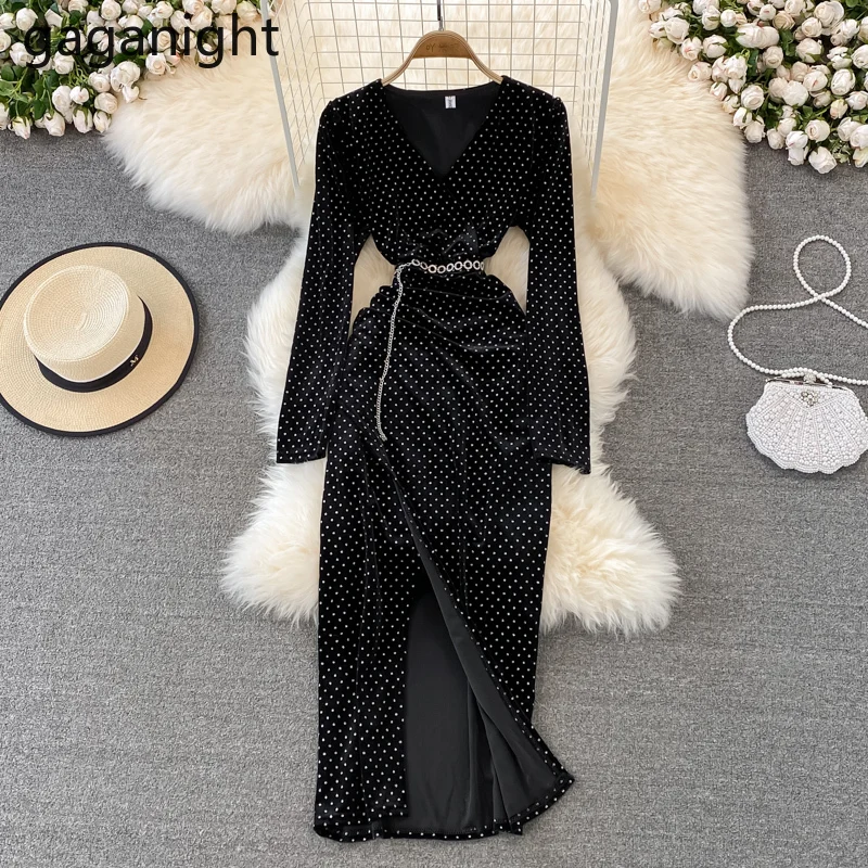 

Gaganight Women Black Polka Dot Velvet Dress 2021 Autumn Winter New High-end Slim V-neck Elegant Temperament Split Long Dresses