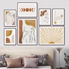 Абстрактная линия, девушка, тело, восход и луна, настенная Картина на холсте, скандинавский постер и принты, настенные картины для декора гостиной