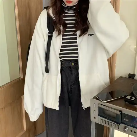 Women Plus Fleece Hoodies Autumn Zip-up Streetwear Oversize Sweatshirt Jacket Trendy Solid Turn-down Pocket Collar Women Outwear