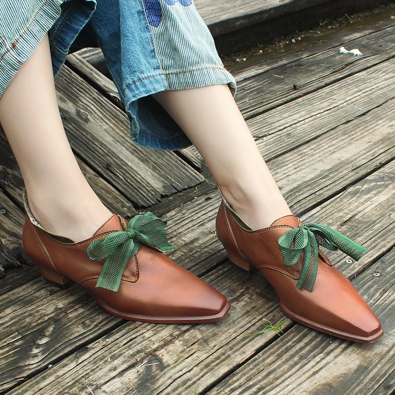 Xiangban casual women shoes square head original national style leather women's low heels lace -up handmade | Обувь