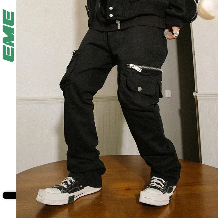 Brand Multi-pocket double zipper casual pants men Korean fashion street wear cargo pants distressed trousers