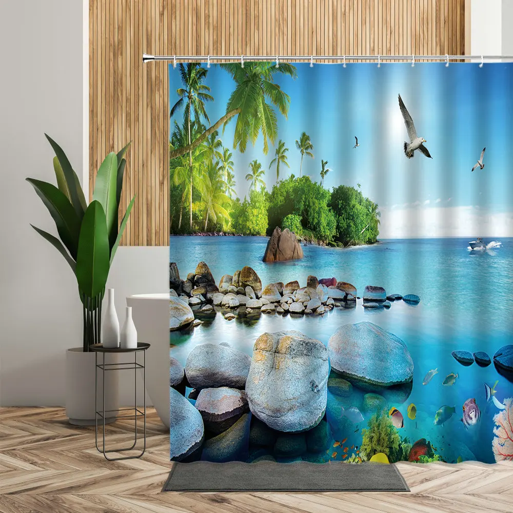 

Beach Scenery Birds Shower Curtains Blue Ocean Seagull Coconut Tree Bathroom Decor 3D Waterproof Backdrop Cloth Bath Curtain Set