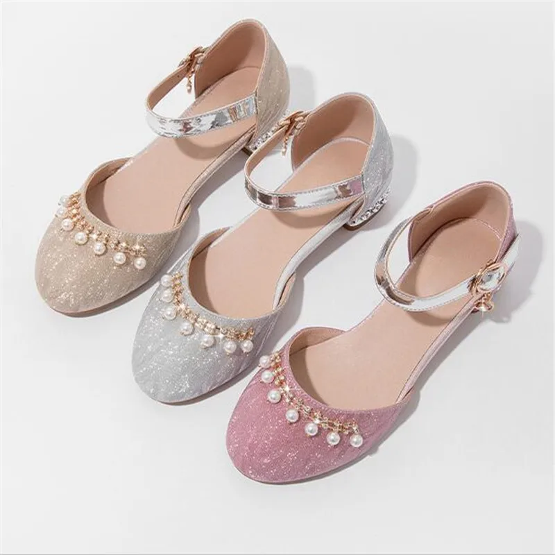 

Girls Sandals Princess Shoes 2022 Summer Soft Sole High Heel Dance Shoe Wedding Pearl Children Square Toe Shoe