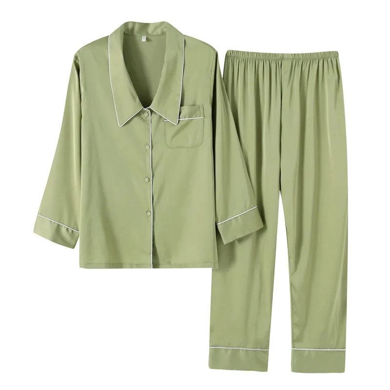 

2021 Spring and Summer New Women's Casual Pajamas Simple Elegant Silk Pajamas Two-piece Set Solid Color Sleepwear Home Clothes
