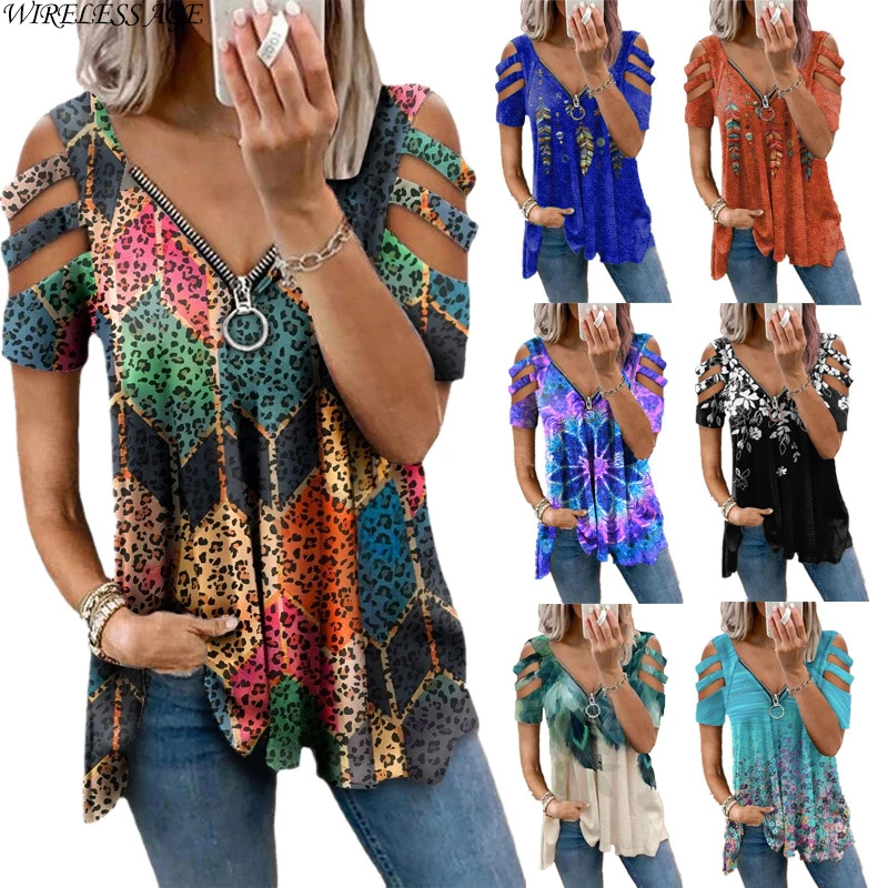 

WIRELESS AGE T Shirt Women Short Sleeve V Neck Zipper Pullover Print Gradient Loose Women's Tops 2021 New Summer Fashion Wild