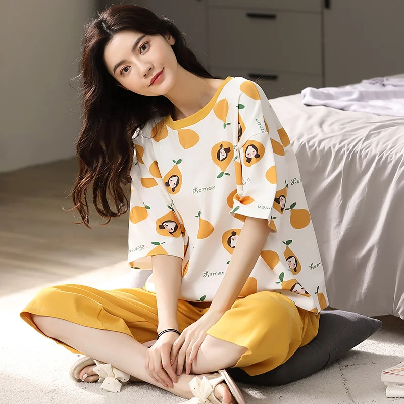 

2021 New Pajamas Women's Summer Pure Cotton Korean Thin Large Size Two Piece Suit for Casual Home Wear home clothing