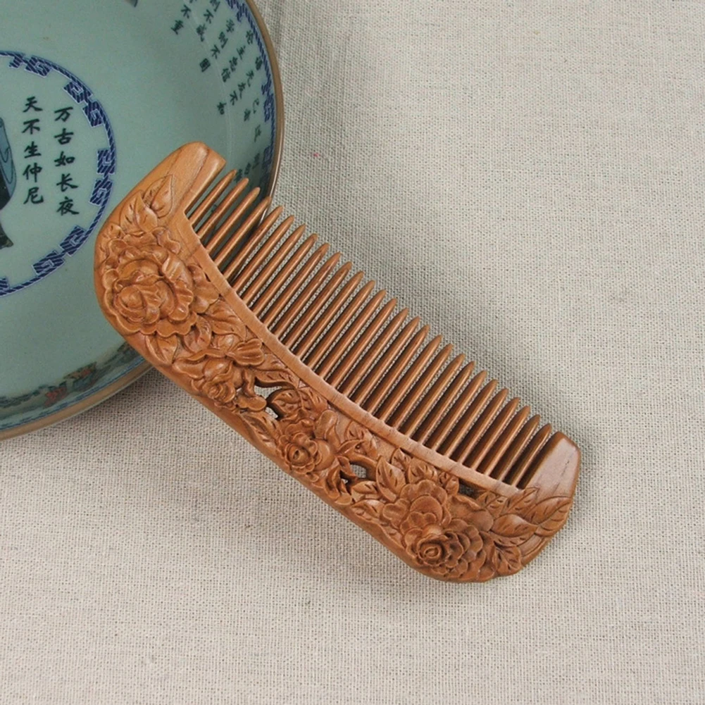 Полые розы цветы резная расческа из персикового дерева антистатический