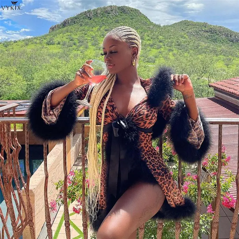

Autumn Women Sexy Leopard Coats 2021 Casual Streetwear Stretch Wild Bandage With Fuzzy Outerwear Female Jackets Y2k Clubwear New