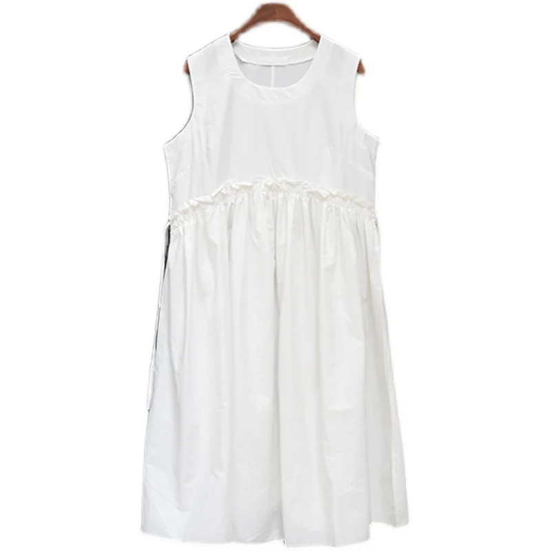 

SuperAen Korean Summer Dress High Waist Ruffled Elastic Waist Round Neck Pullover Knee-Length women Dress