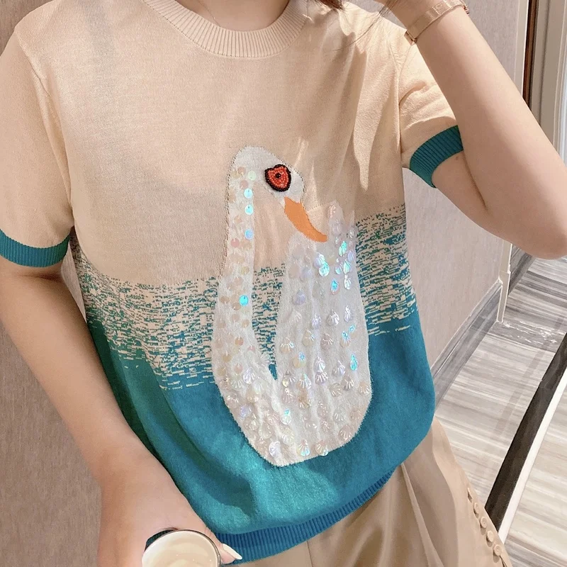 

2021 Summer New Women Knitted T-shirt Pearl Bright Silk Swan Print Loose Blouse Short Sleeve Top Fashion Korean Style Streetwear