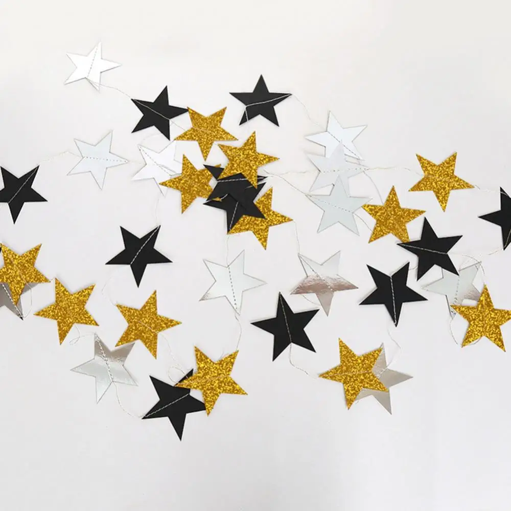 

4m Gold And Silver Black Five-pointed Star Pull Flag Luminous Star Garland Decoration Graduation Party Decoration