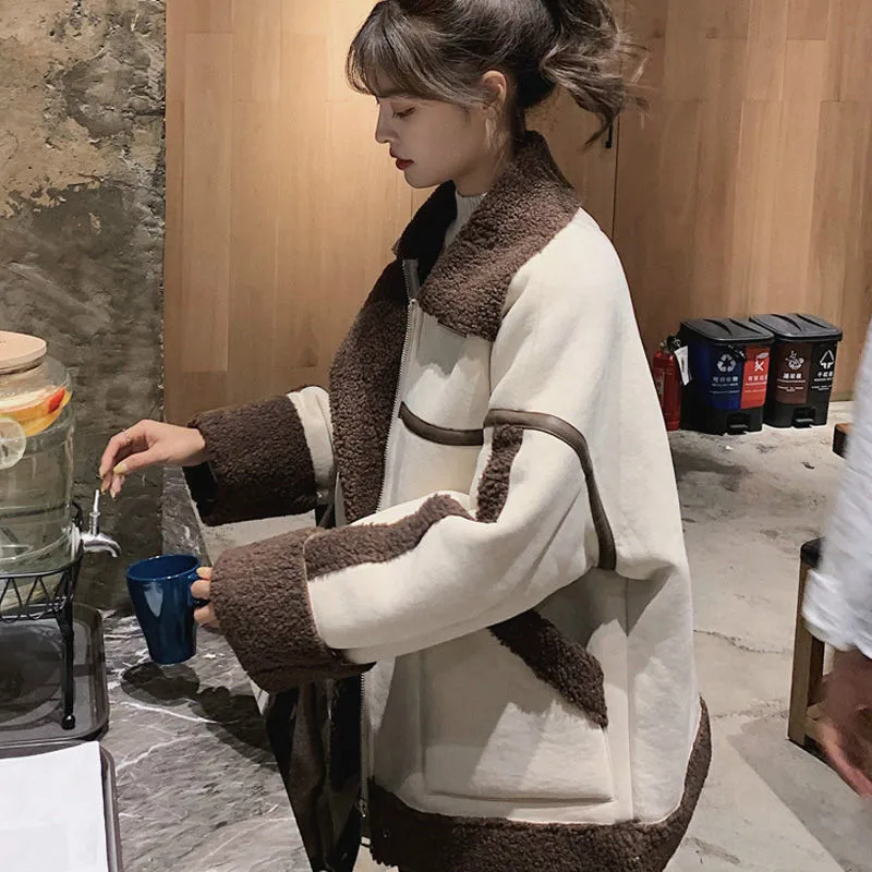 

2021 New Autumn Winter Women Casual Long Sleeve Lamb Faux Fur PU Coat Female Short Warm Stand Coat Fake Leather Wool Jackets A52