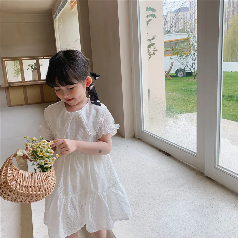 

Girls Lace Dress Summer Lapel Clothing Floral Dress Short Seleeve Cotton Casual Princess Dress Cute Baby Girl Skirts of Student