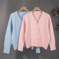women faux wool knitted coat long sleeve v neck button down sweater cardigan plain solid color casual loose jacket tops
