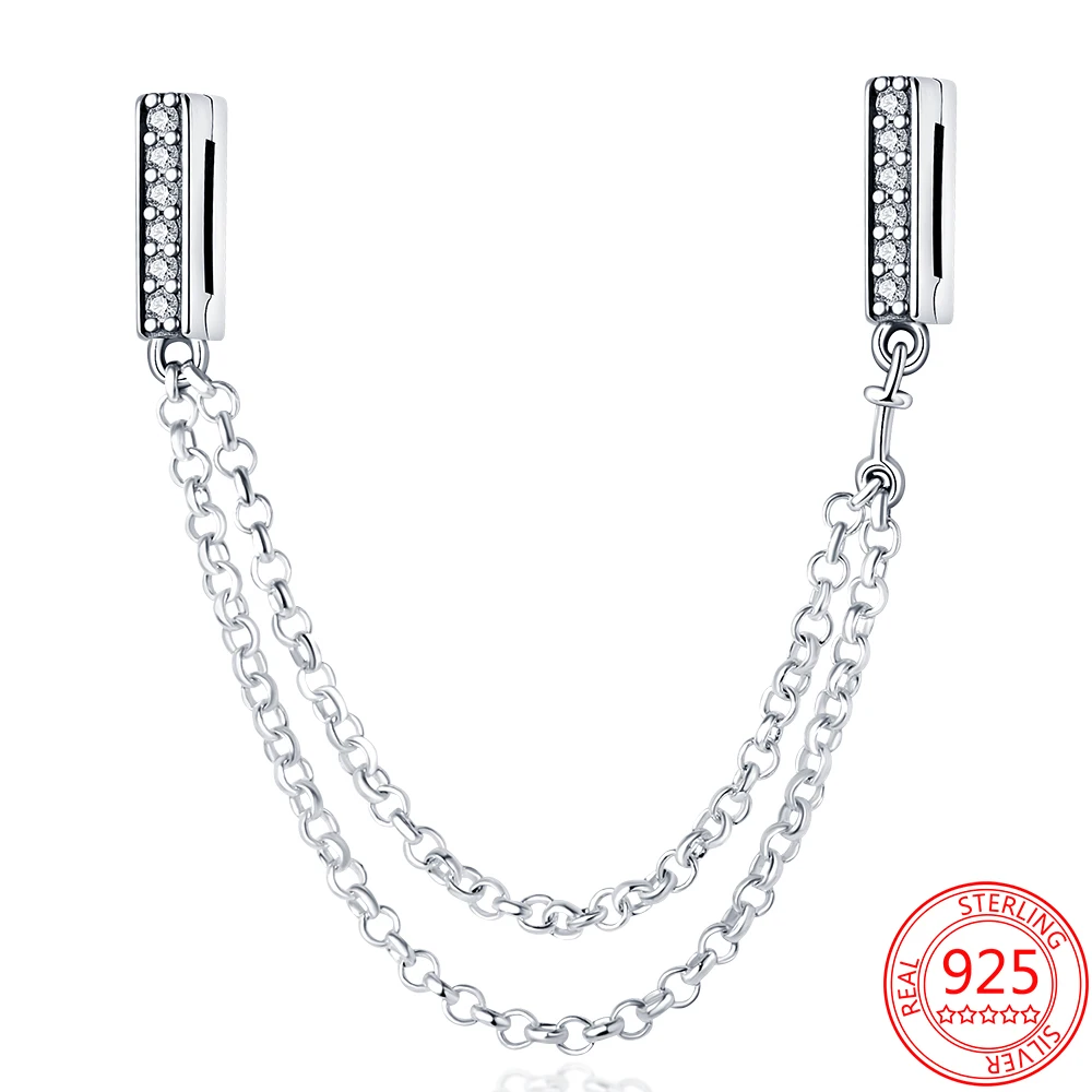 

New 100% 925 Sterling Silver Shiny Zircon Safety Chain Clip Charms Fit Original 3mm Reflexions Bracelet DIY Woman Jewelry Gift