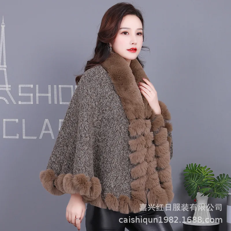 

Faux Fur Coat Imitation Rex Rabbit Fluffy Neckline Elegant Ladies Casual Shawl Autumn&Winter Round Neck Thick Warm Cloak