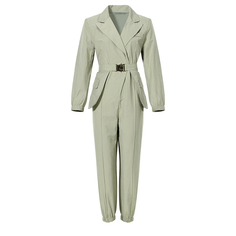 

Loose Fit Women Army Green Buckle Long Jumpsuits Women's New High Waist Pocket Stitch Pants Fashion Tide Spring Autumn 2021