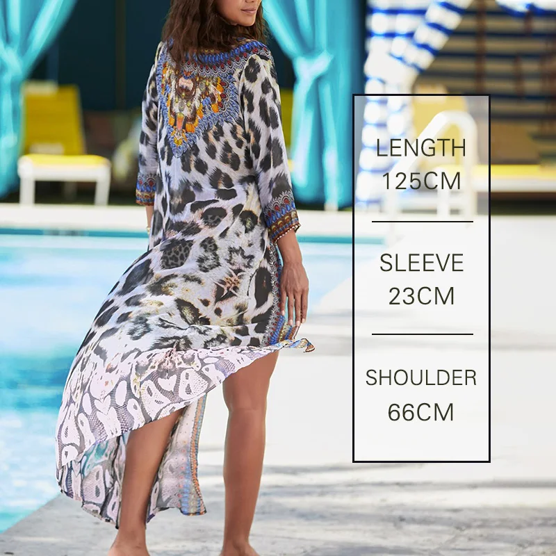 

Casual Loose Chiffon Dress Summer Cardigans Patchwork Print Long Dress Holiday Beach Sarong Swimming Cover Up Women