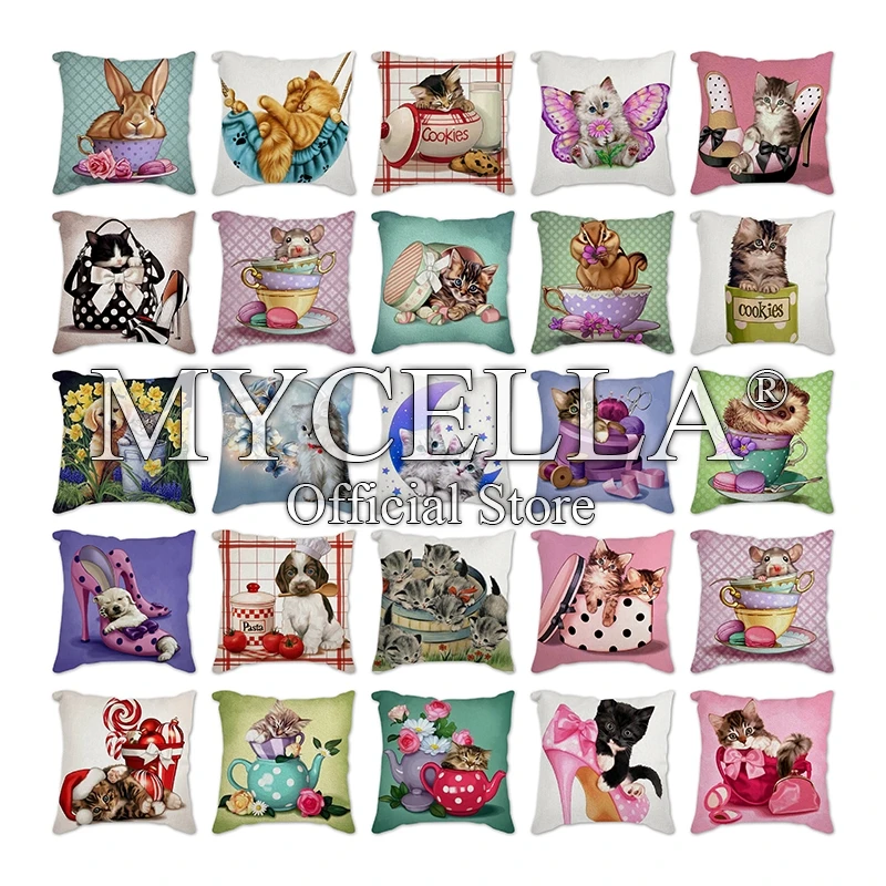 

Animals Illustration Printed Cushion Cover Decorative Pillow Rabbit cat dog teacup Home Decoration Pillow Almofadas Para Sofa
