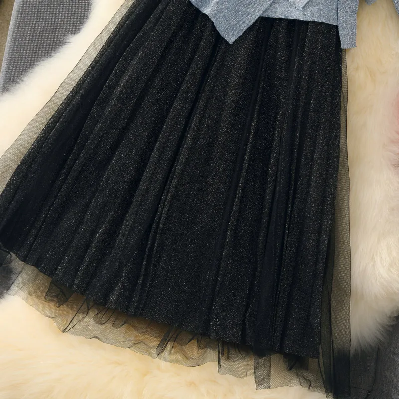 ALPHALMODA модный костюм платье осеннее платье тонкий свитер с длинными рукавами+ Сетчатое платье Элегантный комплект из 2 предметов