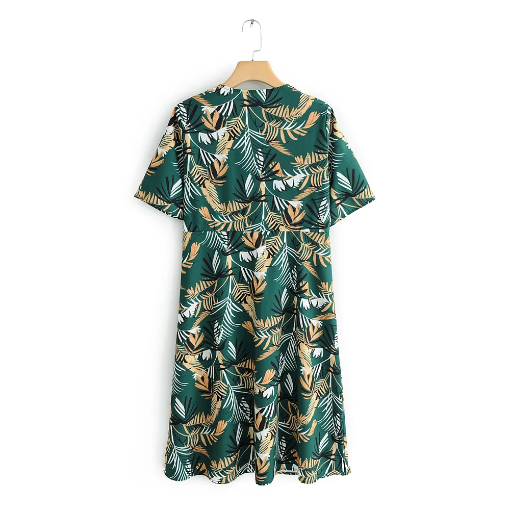 Женское платье до колена с принтом зеленое прямое v образным вырезом и коротким