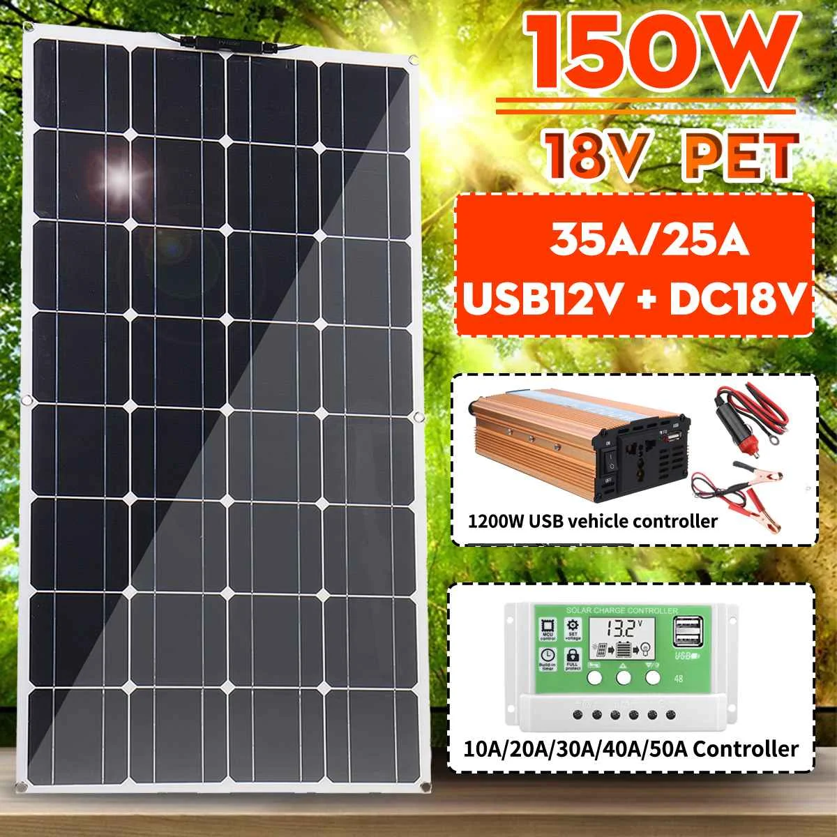 Harga 1200W Inverter USB Kit Lengkap 150W Sistem Tenaga Surya 10/20/30/40/50A Pengendali Panel Surya Mobil RV Pengisi Daya Baterai