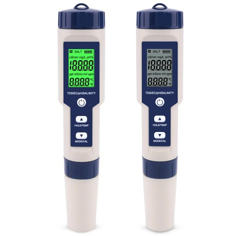 

5 in 1 TDS/EC/PH/Salinity/Temperature Meter Digital Water Quality Monitor Tester for Pools, Drinking Water, Aquariums