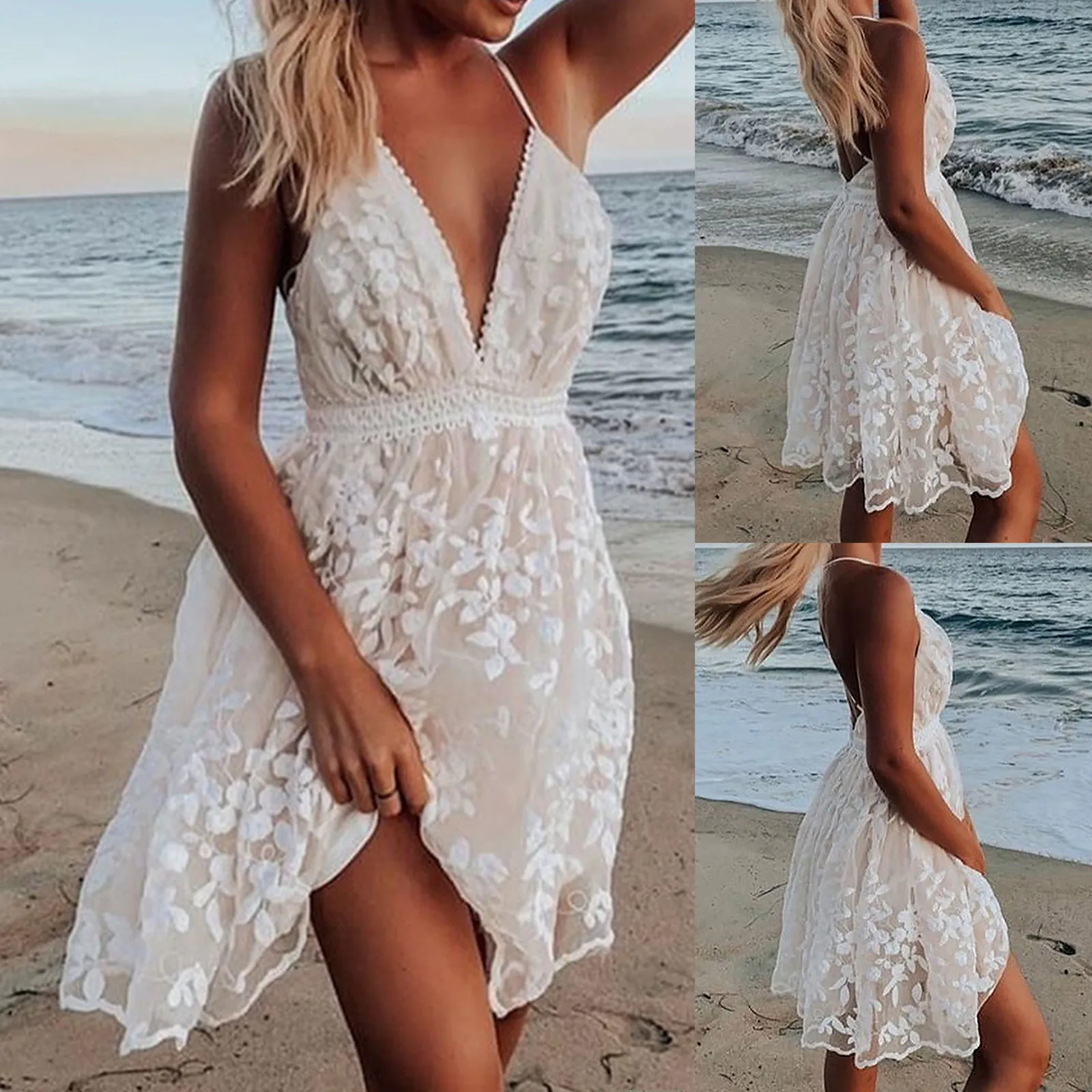 

White Dress Mini Dress Women Sleeveless V-neck Summer Beach Ladies Holiday Solid Lace Dress Slip Dress Women's Summer Sundresses