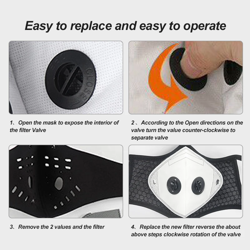 Черная маска для лица с фильтром PM2.5 Anit-fog дышащий пыленепроницаемый велосипедный