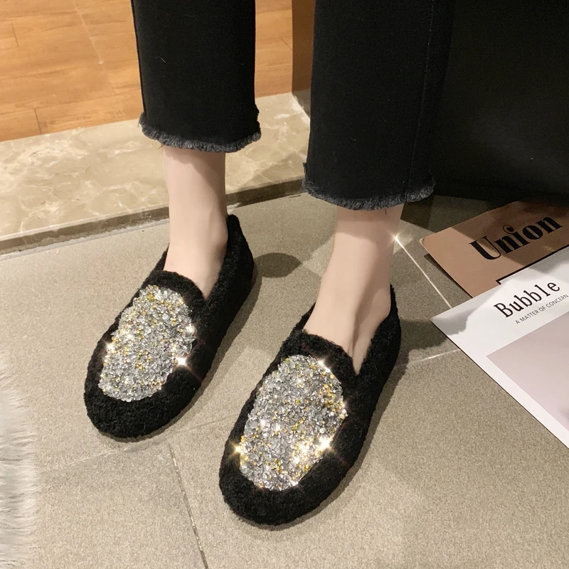 Модные новые зимние черные женские ботинки стразы меховые удобные ботильоны Joker