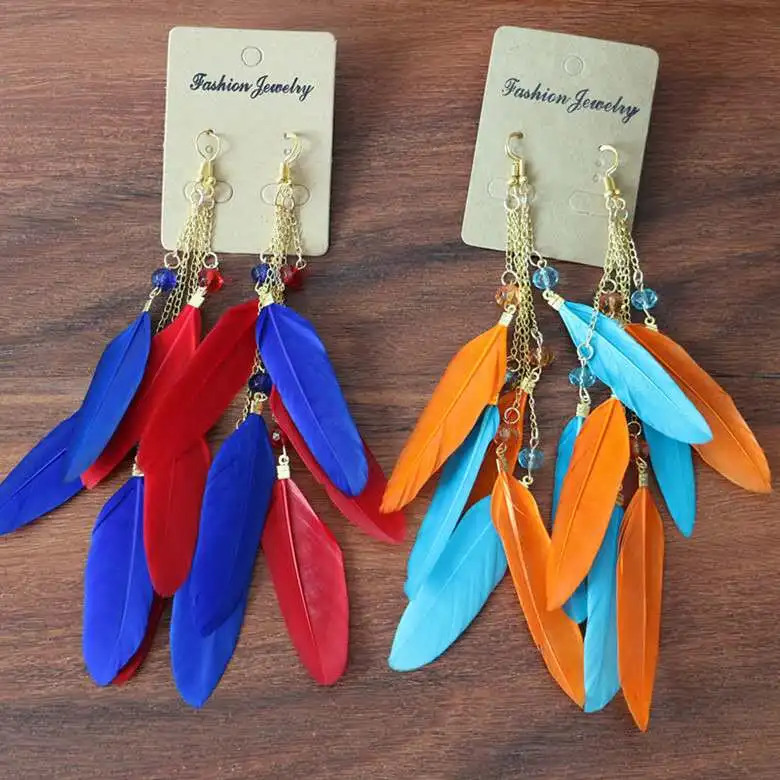 

Colorful Feathers Fringe Earrings Long Pandent Bohemian Style Earring Pandent For Women Girl New Fashion Earings Drop