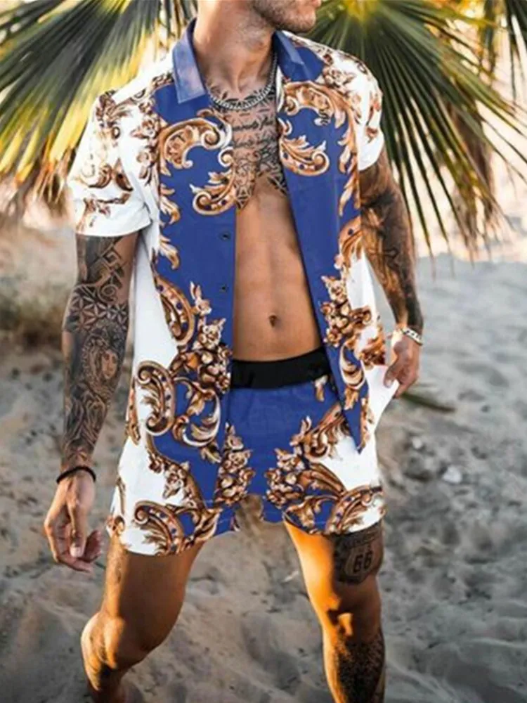 

Hawaii beach men's 2-piece suit black print short-sleeved lapel shirt casual shorts summer street style fashion men's suit