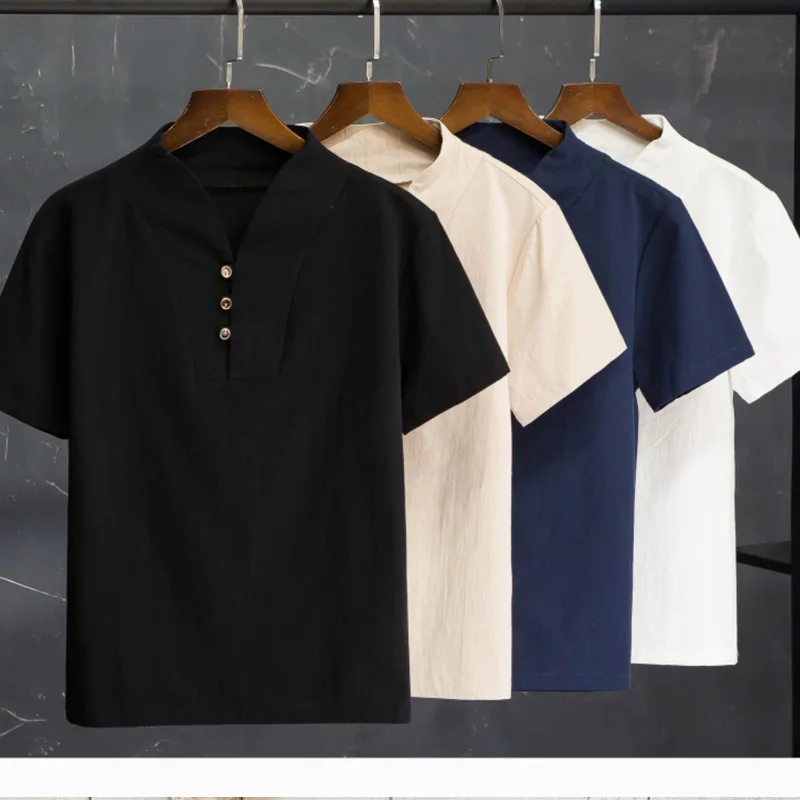 

2021 New Summer Men's Ethnic Linen V-neck Short-sleeved Shorts Suit Men's Solid Color Fashion Casual Short-sleeved Top Suit