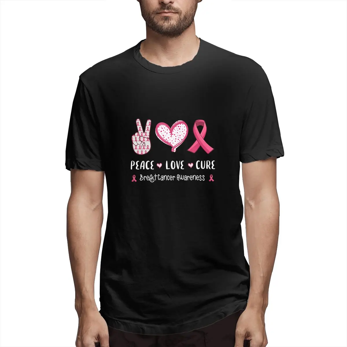 

Peace Love Cure Breast Cancer Awareness Women Kids Graphic Tee Men's Short Sleeve T-shirt Funny Tops